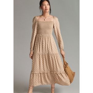 DOLAN Left Coast Smocked Midi Dress in Neutral Motif Tan White Polka Dot Small